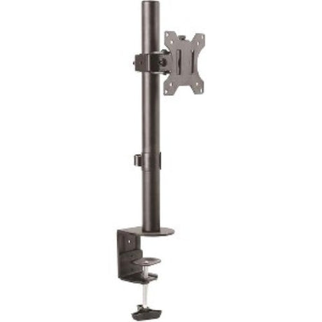 Heavy-duty steel monitor desk mount supporting screens up to 32", adjustable height and angle, ideal for ergonomic workspace.