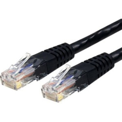 15 ft black Cat 6 patch cable with gold connectors for high-speed Gigabit Ethernet network connections and durability.