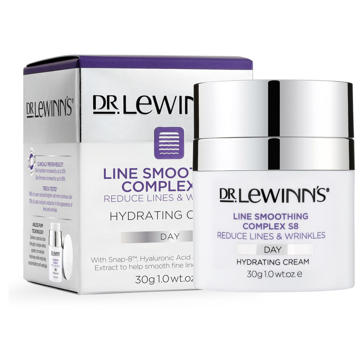 Dr. LeWinn's Day Cream in an airless pump for anti-aging, featuring peptides, hyaluronic acid, and green caviar extract for hydration.