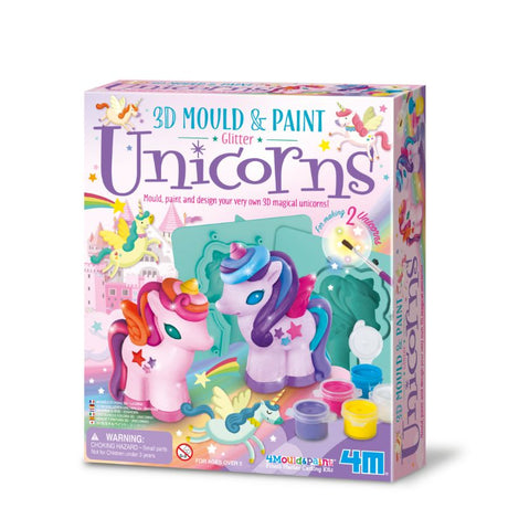 Colorful 3D mould and paint kit for creating glittery unicorns, promoting creativity and fine motor skills for ages 5 and up.