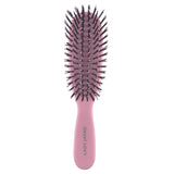 Purse-sized detangling brush that smooths frizz and tangles, suitable for all hair types, available in various colors.