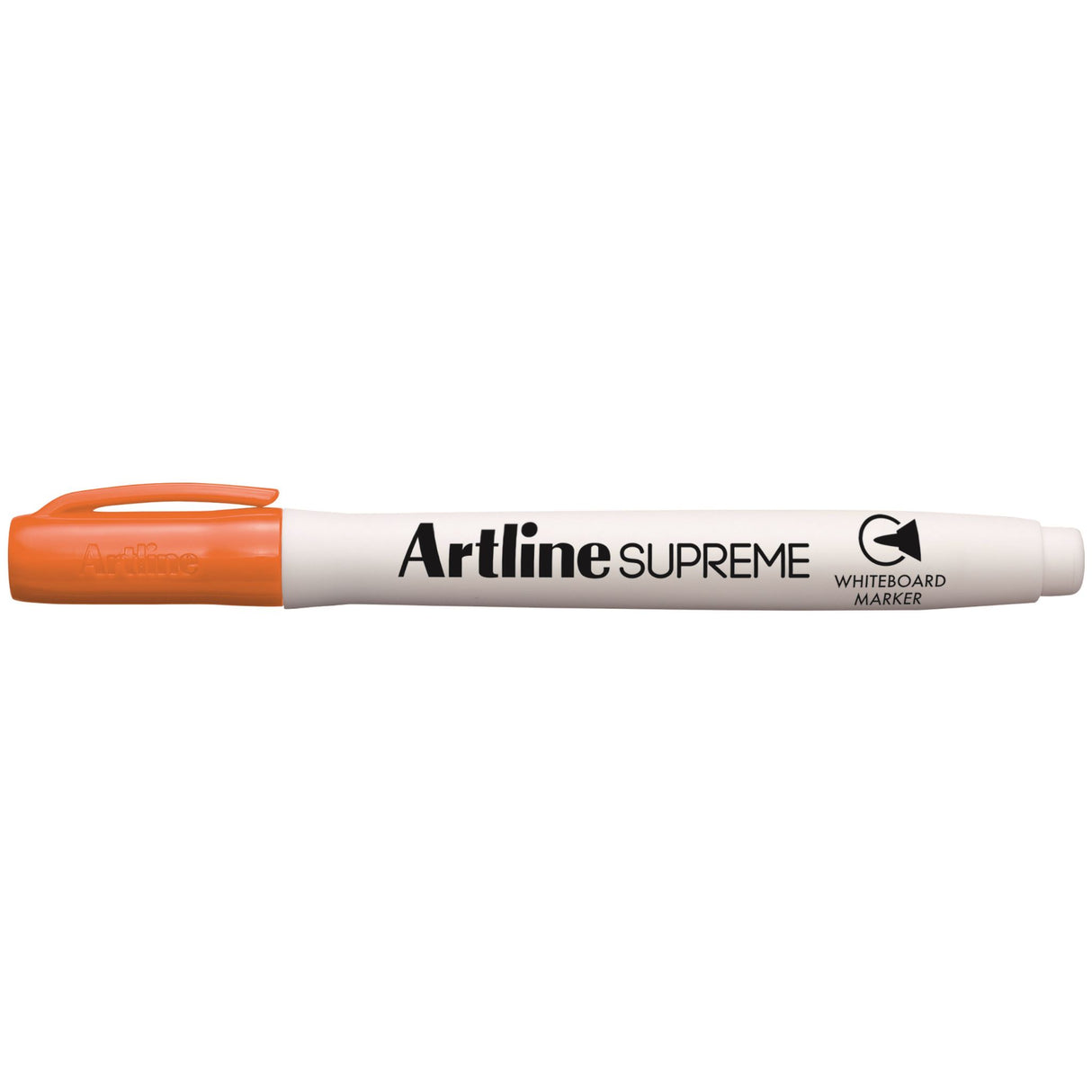 Vibrant orange Artline Supreme whiteboard markers in a pack of 12 with ergonomic design and 1.5mm nib for clear writing.