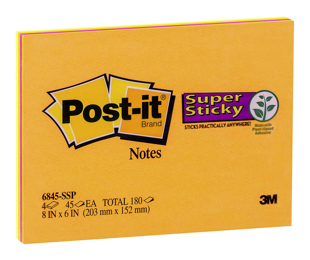 3M Post-It Super Sticky Notes 6845-SSP 149X200mm Assorted Bright Colours Pack 4