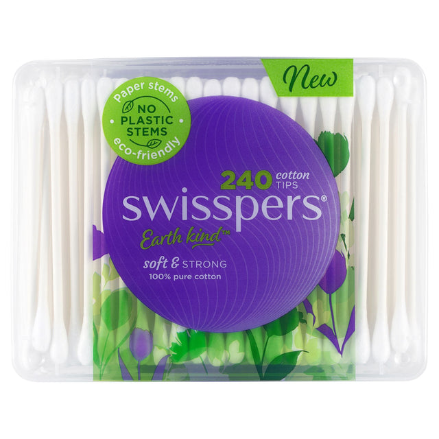 240 Swisspers Cotton Tips with eco-friendly paper stems, perfect for beauty routines and reducing single-use plastics.