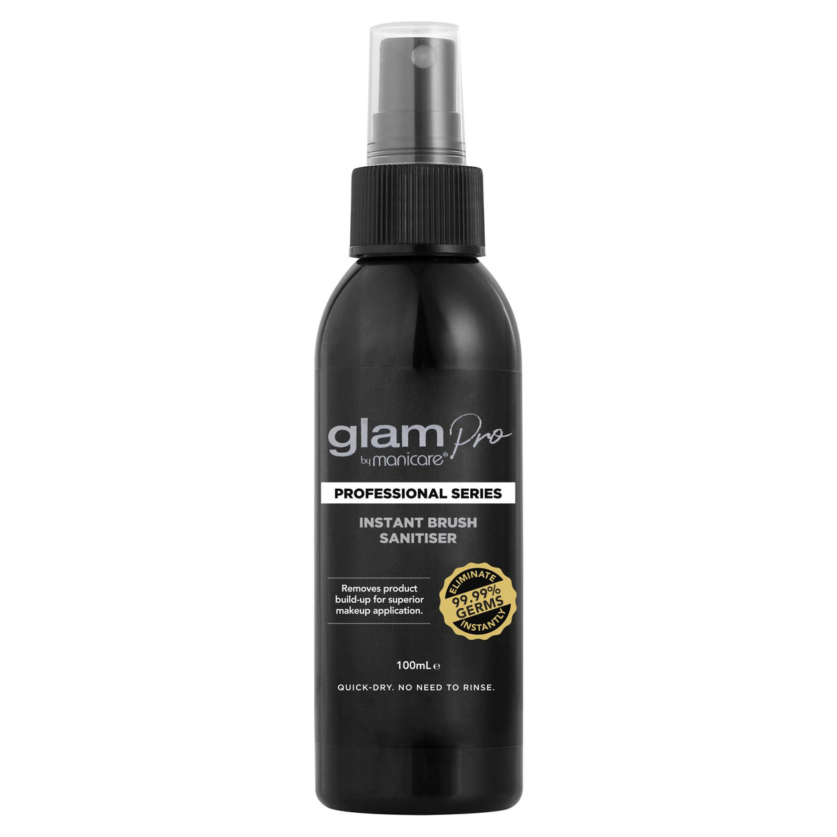 Glam by Manicare Pro Instant Brush Sanitiser, a quick-dry antibacterial spray for flawless, hygienic makeup application.