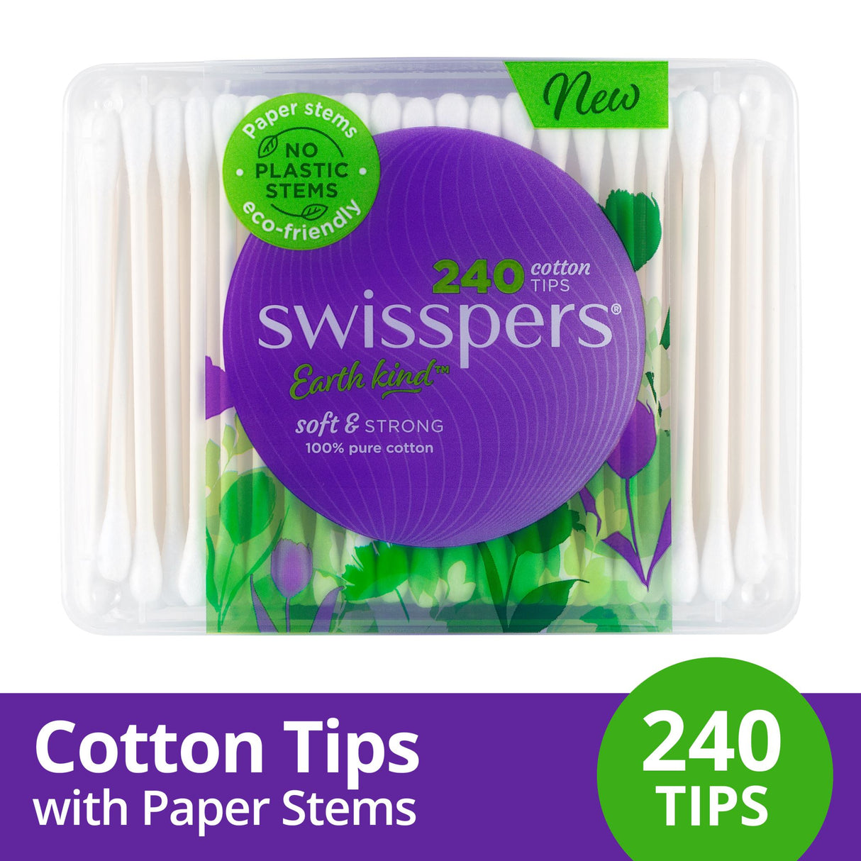 Swisspers Cotton Tips with Paper Stems, eco-friendly, 240 pack, perfect for makeup touch-ups and ear cleaning.