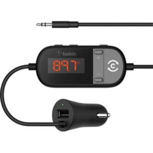 Belkin TuneCast FM transmitter connects to smartphones via 3.5mm jack, charging port included for uninterrupted music.