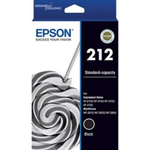 Epson 212 Black Ink Cartridge for clear text and glossy photos; reliable printing in a standard yield pack.