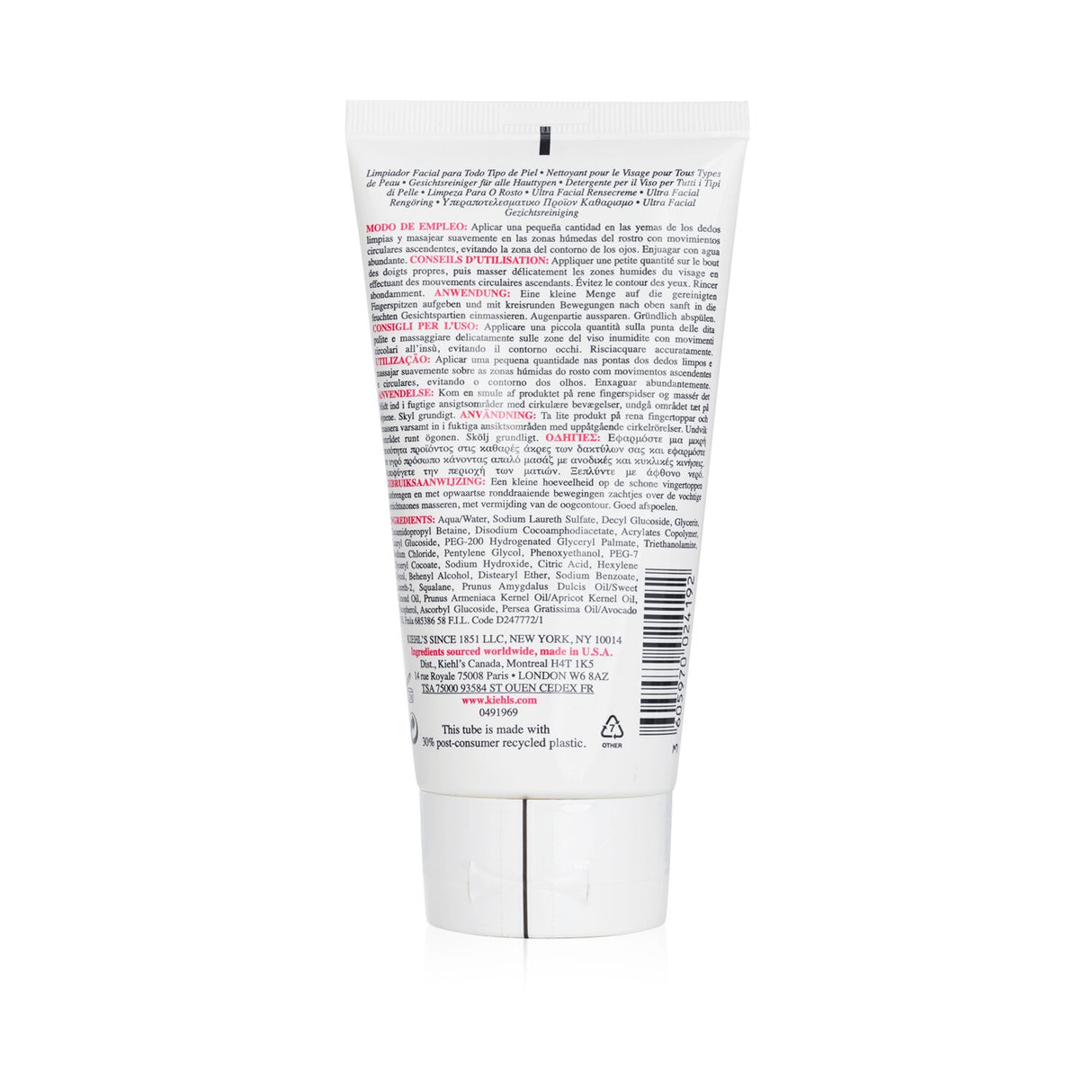 Kiehl's Ultra Facial Cleanser in 150ml, pH-balanced formula for all skin types, removes impurities and hydrates skin.