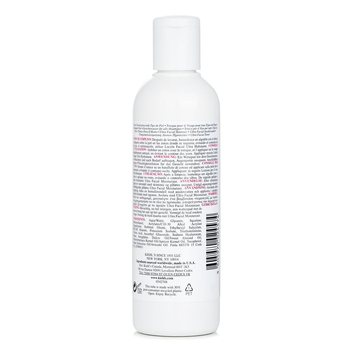 Kiehl's Ultra Facial Toner in 250ml bottle, a hydrating, pH-balanced formula suitable for all skin types, alcohol-free and nourishing.