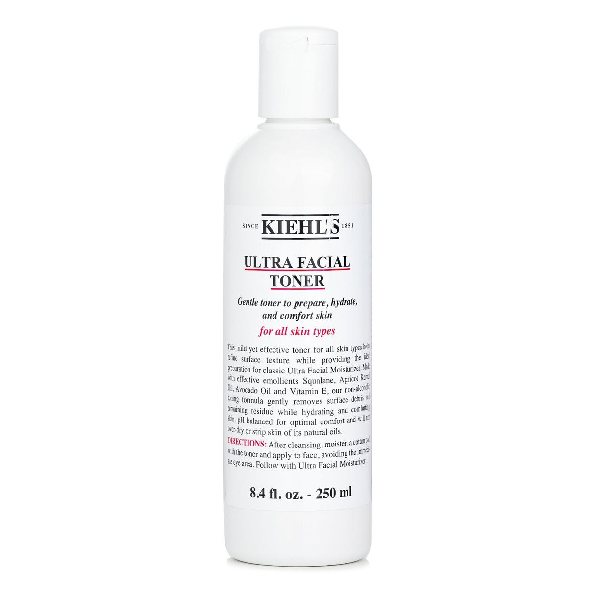 Kiehl's Ultra Facial Toner bottle, 250ml, for all skin types, designed to hydrate and prep skin without alcohol.
