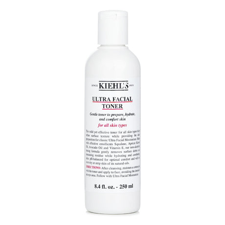 Kiehl's Ultra Facial Toner bottle, 250ml, for all skin types, designed to hydrate and prep skin without alcohol.