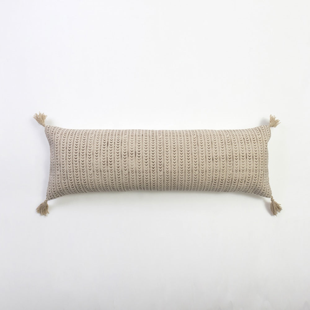 Natural KAVI bolster cushion with intricate pattern, tassels, and cotton inner, measuring 36 x 107CM for comfort and style.