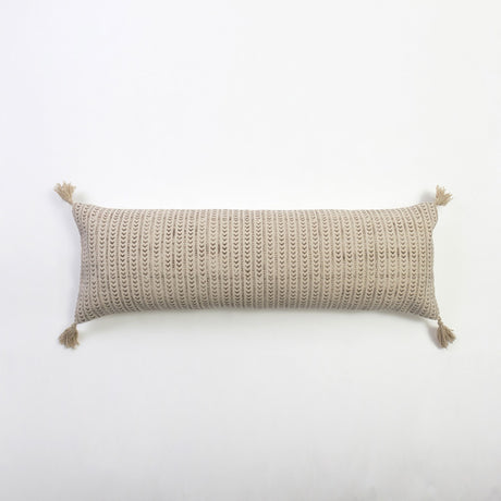 Natural KAVI bolster cushion with intricate pattern, tassels, and cotton inner, measuring 36 x 107CM for comfort and style.