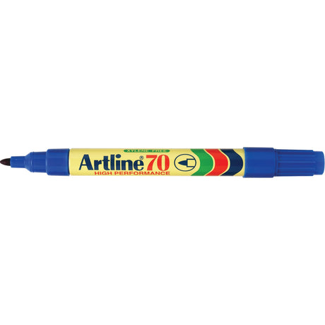 Artline 70 Permanent Markers set of 12 in blue, featuring 1.5mm bullet nib for versatile, smudge-free marking on various surfaces.