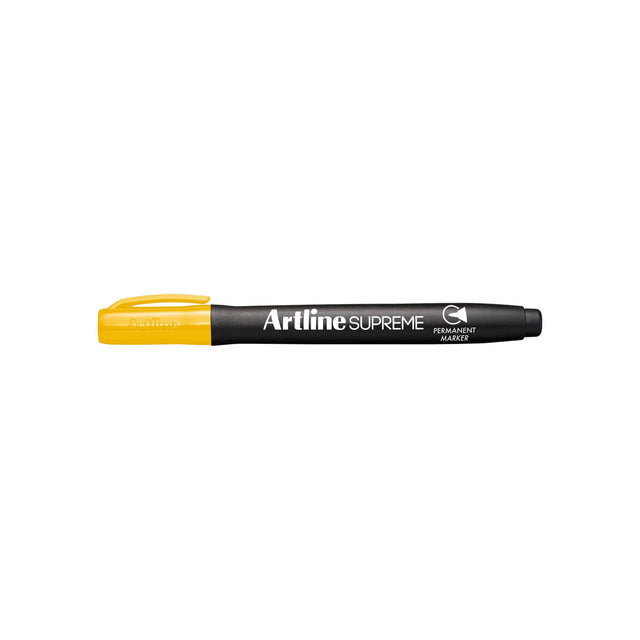 Artline Supreme Permanent Marker Yellow pack of 12, featuring a 1.00mm nib, ergonomic design, and suitable for various surfaces.