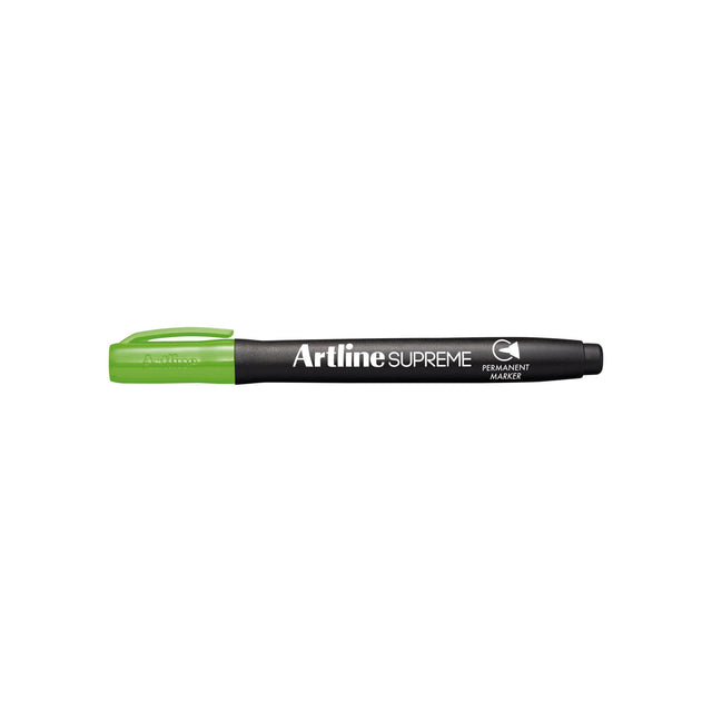 Vibrant Lime Green Artline Supreme Permanent Markers, pack of 12, featuring 1.00mm nib and ergonomic grip for comfort.