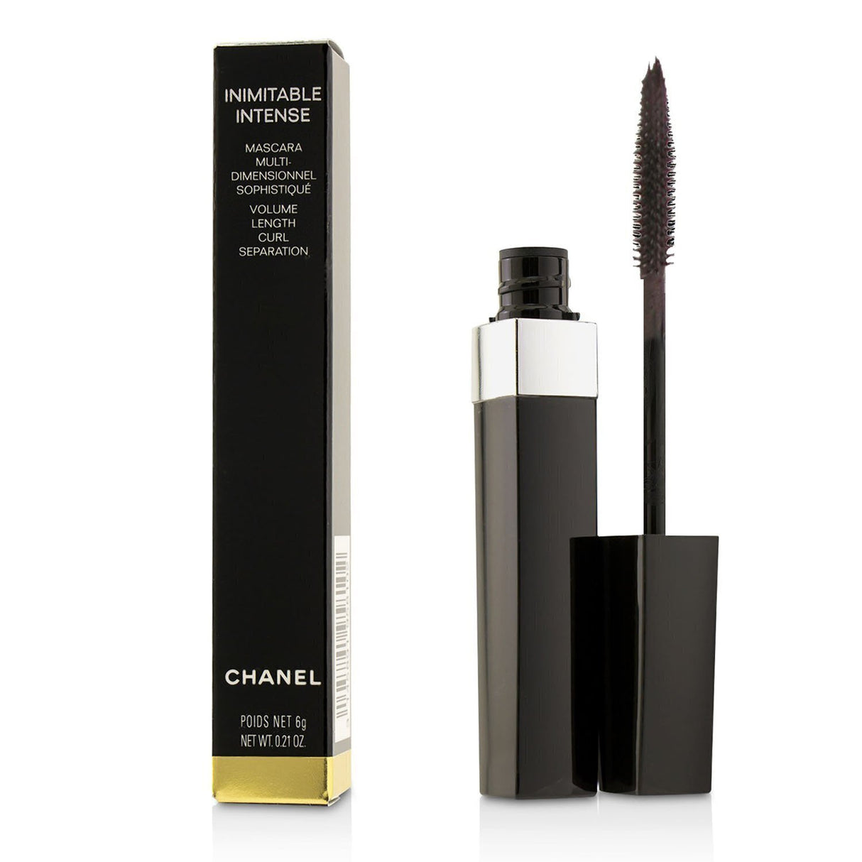 Chanel Inimitable Intense Mascara in #20 Brun, showcasing a unique brush for volume, length, and curl in deep brown.