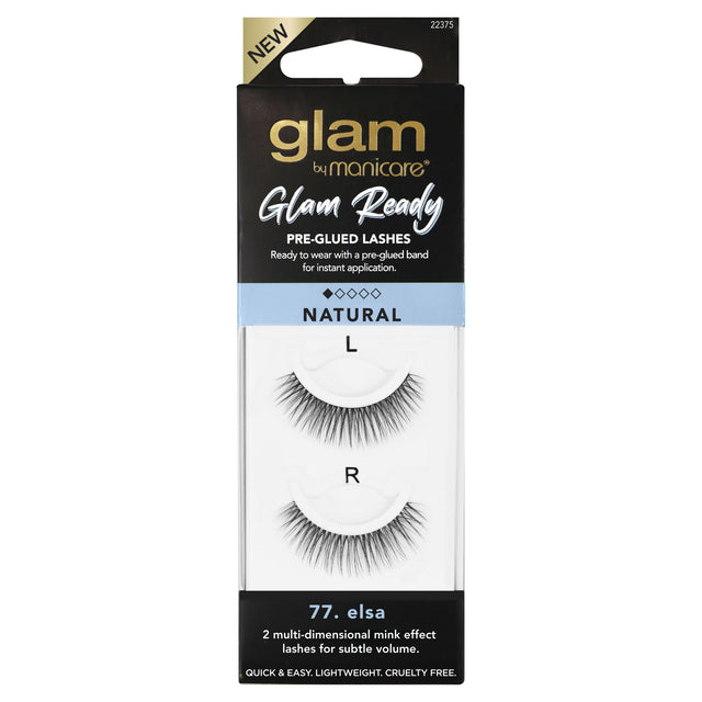 Glam By Manicare® 77 Elsa pre-glued lashes offer lightweight, multi-dimensional volume for effortless, captivating eye looks.