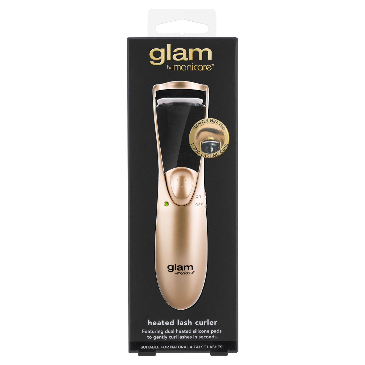 Glam by Manicare® Heated Lash Curler with dual heated silicone pads for quick, gentle curling of natural and false lashes.