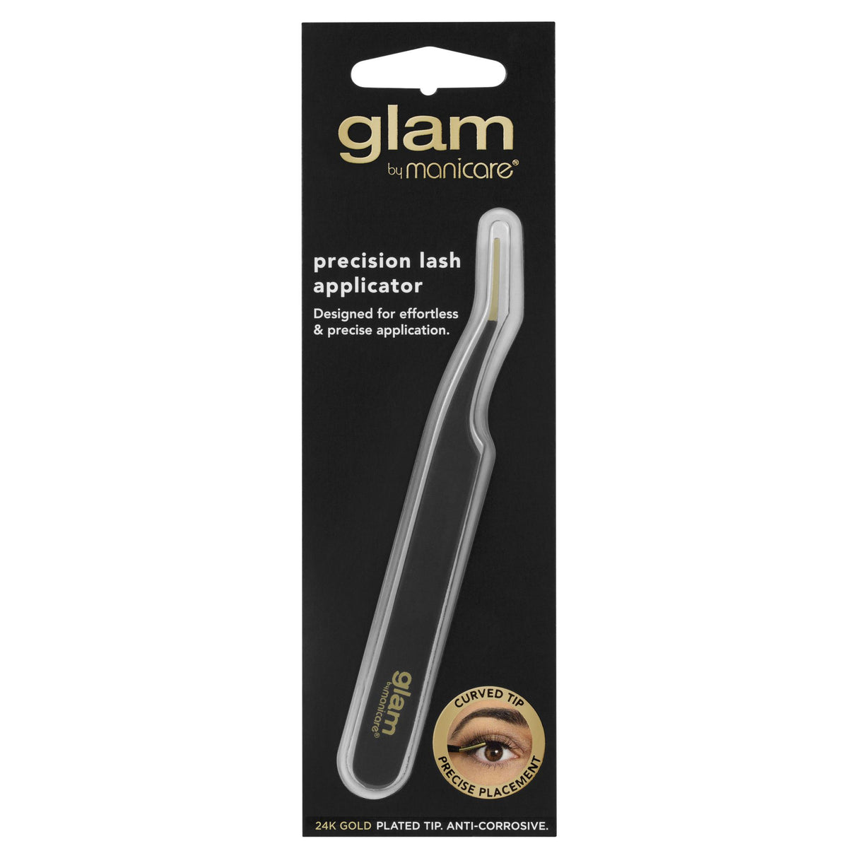 Glam by Manicare® Precision Lash Applicator with 24K gold tip, designed for effortless and precise lash application.