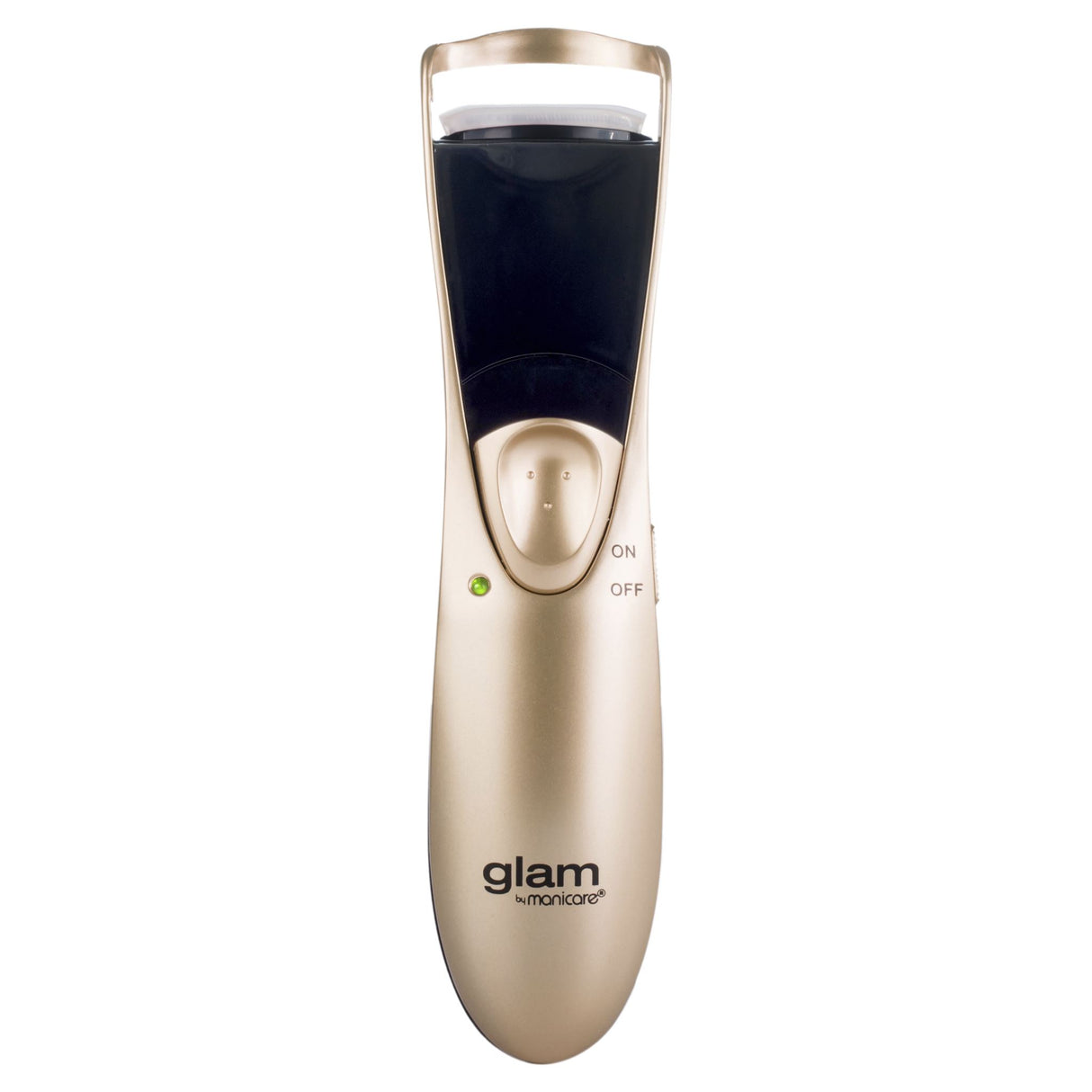 Glam by Manicare® Heated Lash Curler with dual heated silicone pads for quick, gentle curling of natural and false lashes.