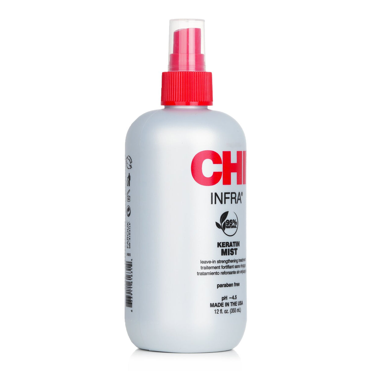 CHI Keratin Mist Leave-In Treatment in a 355ml bottle, revitalizing hair with proteins for smooth, manageable locks.