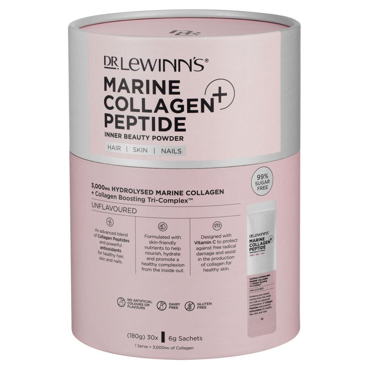 Dr. LeWinn's Marine Collagen Peptide+ Powder sachets boost beauty with hydrolysed marine collagen for healthier skin and hair.