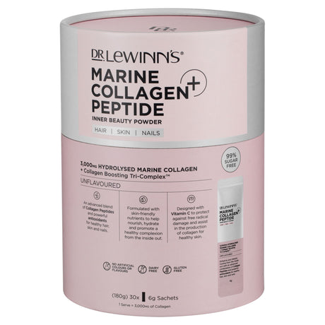 Dr. LeWinn's Marine Collagen Peptide+ Powder sachets boost beauty with hydrolysed marine collagen for healthier skin and hair.