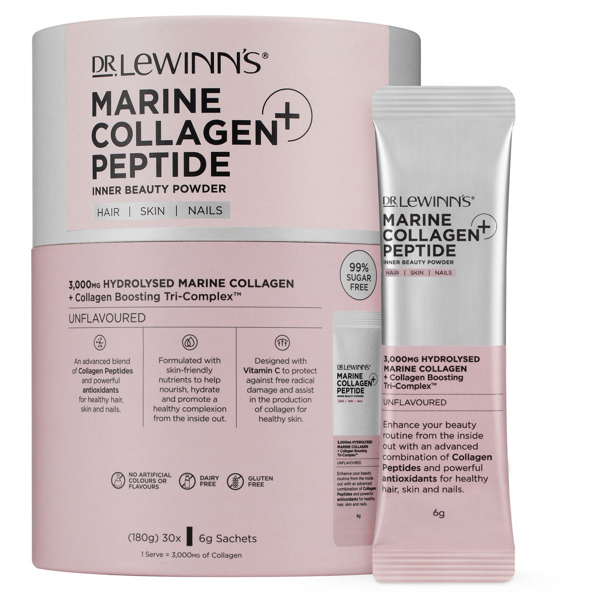 Dr. LeWinn's Marine Collagen Peptide+ Inner Beauty Powder in sachets enhances skin, hair, and nails with hydrolyzed marine collagen.