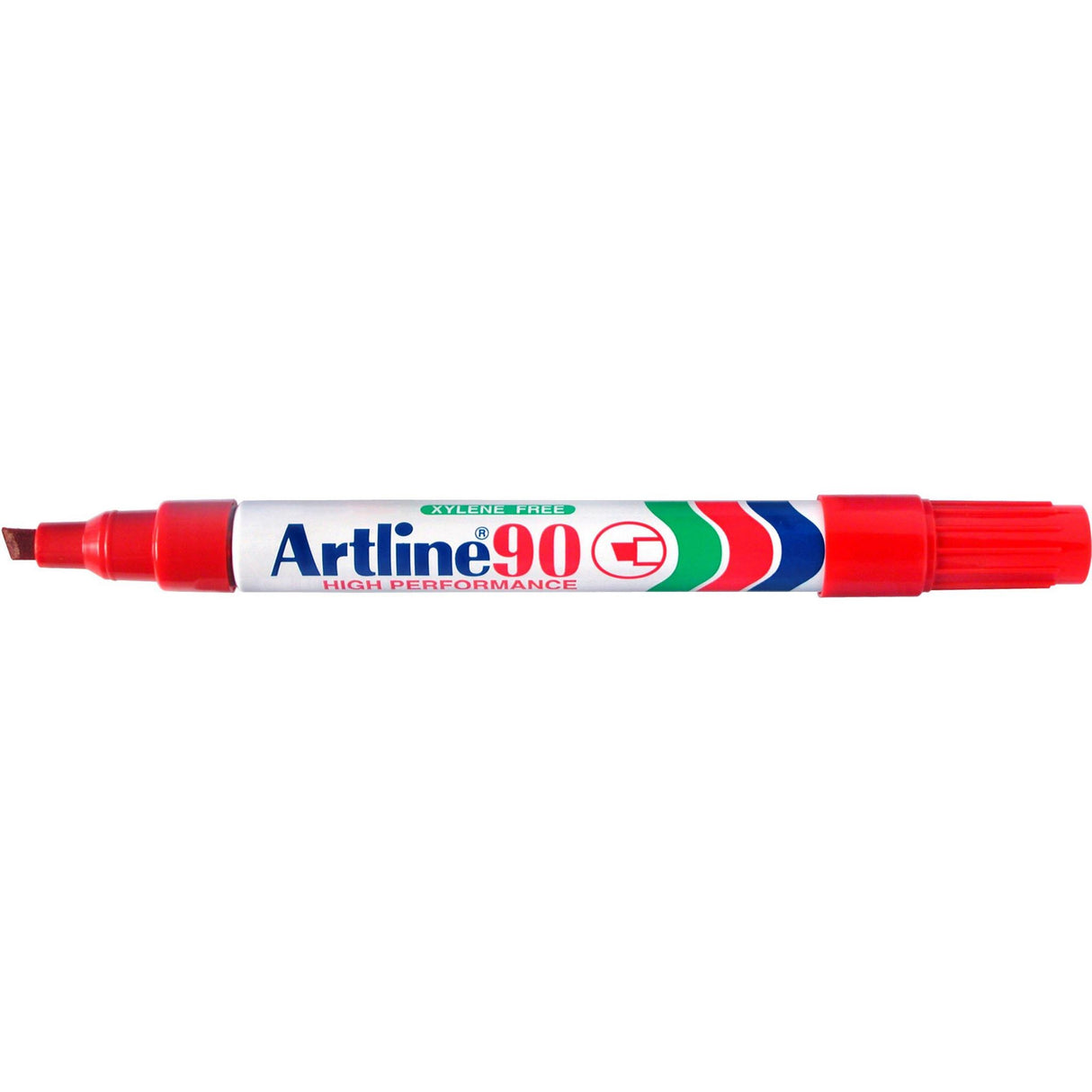 Red Artline 90 Permanent Marker set with 5mm chisel nib, suitable for various surfaces, low odour, and quick-drying ink.