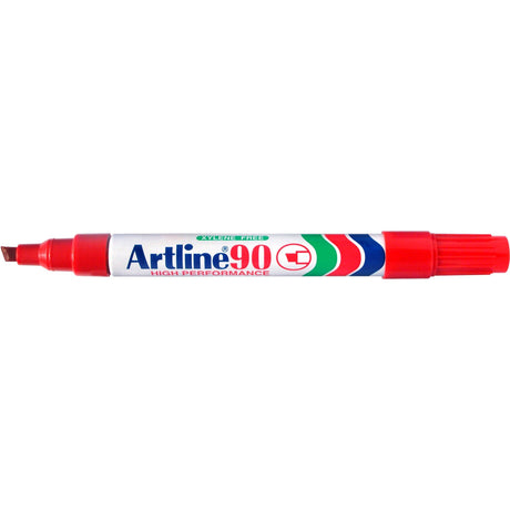 Red Artline 90 Permanent Marker set with 5mm chisel nib, suitable for various surfaces, low odour, and quick-drying ink.