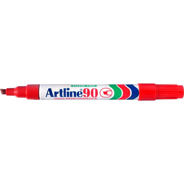 Red Artline 90 Permanent Marker set with 5mm chisel nib, suitable for various surfaces, low odour, and quick-drying ink.