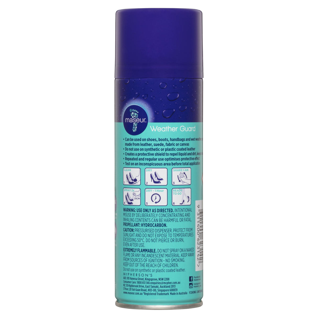 Maseur Footcare Weather Guard 125g spray creates a waterproof barrier for leather, suede, and fabric, protecting against moisture and stains.