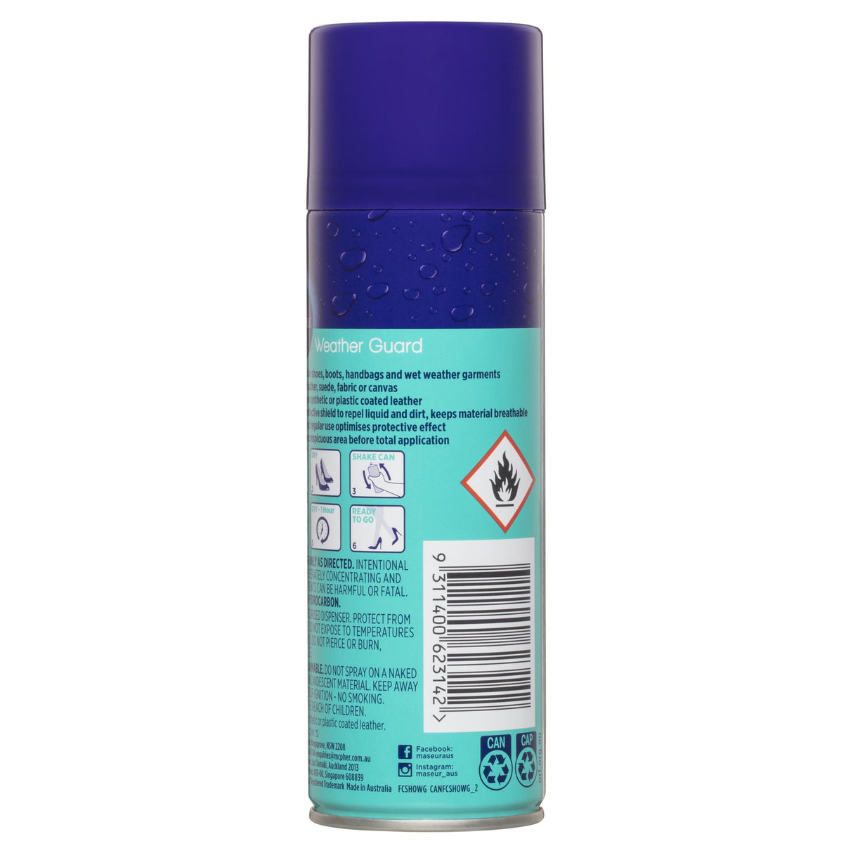 Maseur Footcare Weather Guard 125g spray provides waterproof protection for leather, suede, and fabric goods against moisture and dirt.