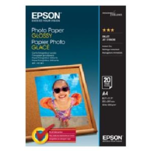 Epson Glossy Photo Paper A4, 20 sheets, perfect for vibrant, high-quality prints and quick-drying for minimal smudging.
