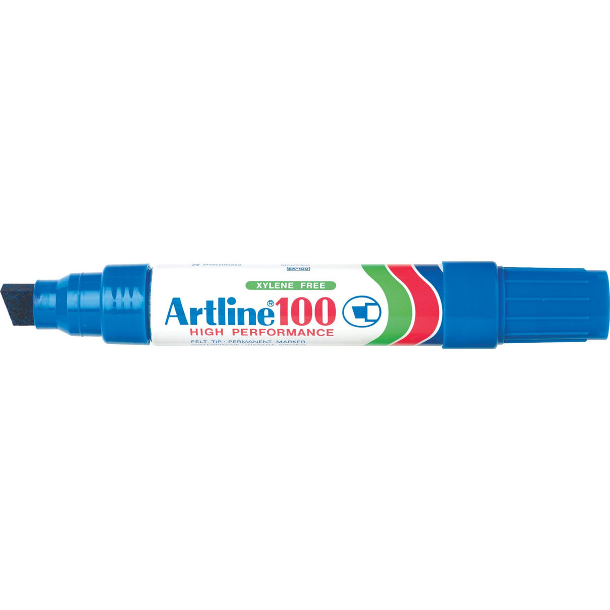 Artline 100 Permanent Markers in blue, 12mm chisel nib, 6 units, ideal for bold, permanent marking with low-odor, fast-drying ink.