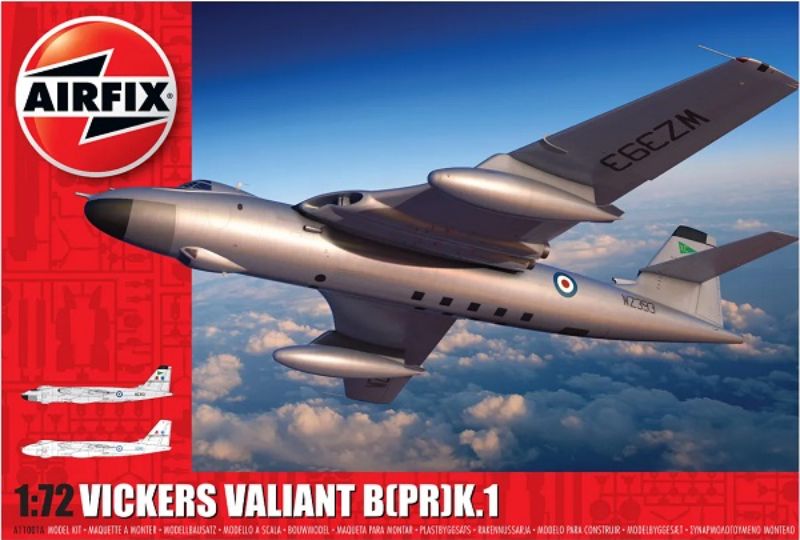 1/72 scale Airfix Vickers Valiant B Mk1 model kit featuring 142 pieces, 488 mm wingspan, and historical decals for customization.