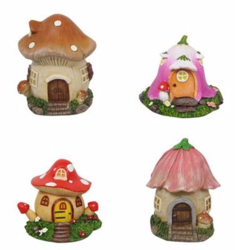 Colorful set of 4 miniature mushroom fairy houses, each 10cm, perfect for enchanting gardens and creative decor.