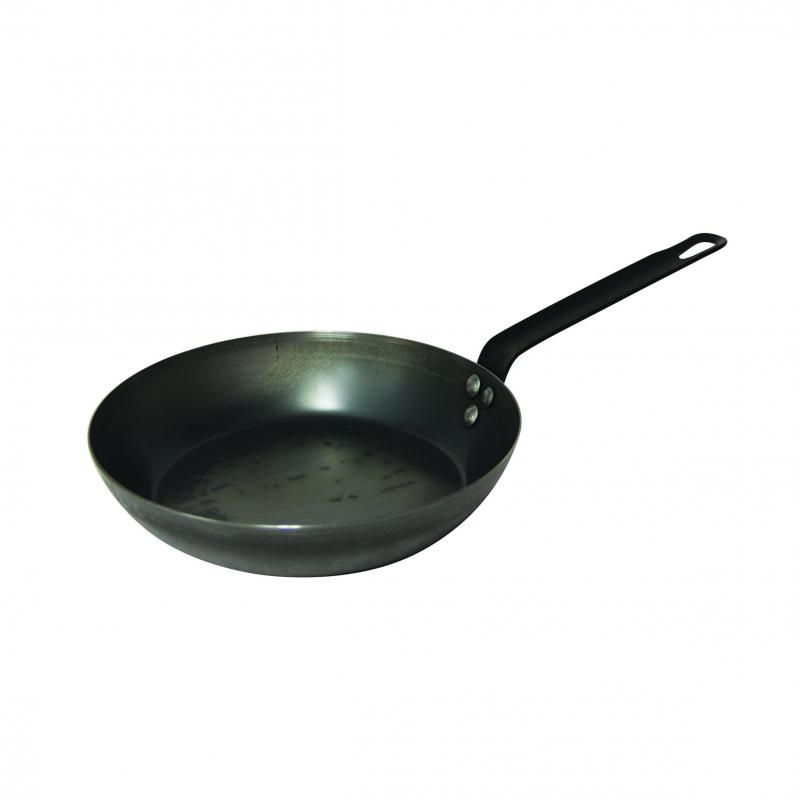 Pyrolux 26cm blue steel frypan, perfect for high-heat cooking and oil-free meals, metal utensil safe, requires seasoning.