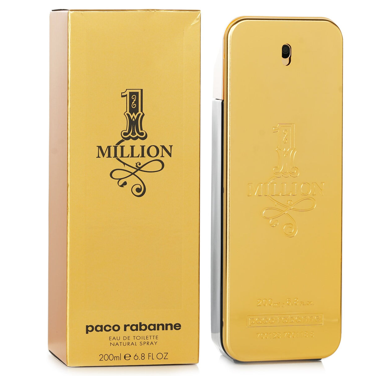 Paco Rabanne One Million Eau De Toilette Spray, 200ml, features a woody, masculine scent with notes of citrus, rose, and amber.