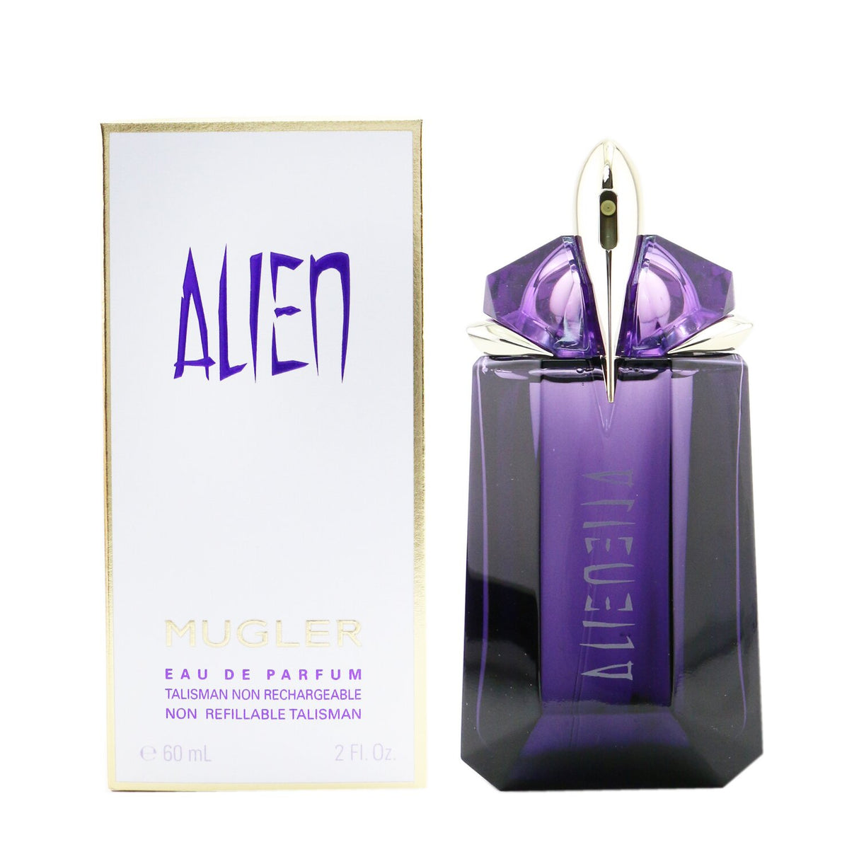 Elegant 60ml Mugler Alien Eau De Parfum Spray, featuring Jasmine, Woodsy Accord, and Amber for a captivating, warm scent.