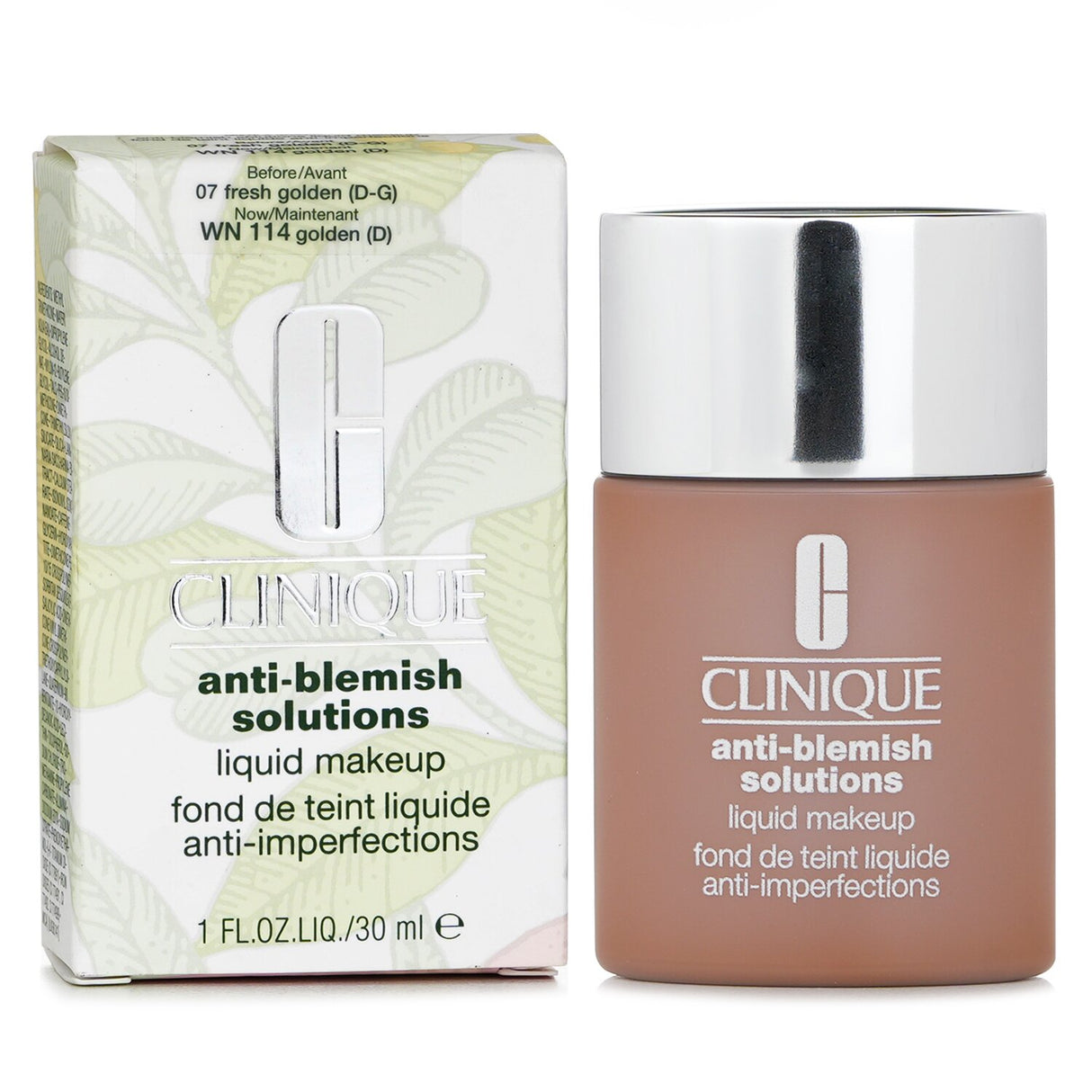 Clinique Anti Blemish Solutions Liquid Makeup in #07 Fresh Golden, a 30ml oil-free foundation for blemish-prone skin.