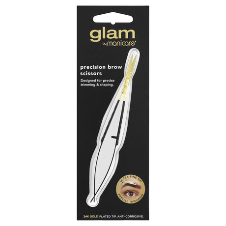 Glam by Manicare Precision Brow Scissors with ergonomic handles, ultra-thin blades, and a 24K gold plated tip for precise brow shaping.