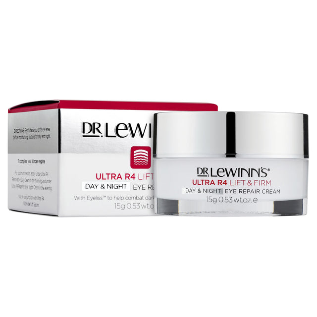 Dr. LeWinn's Ultra R4 Eye Repair Cream in a 15g tube, designed to reduce puffiness and dark circles for brighter, firmer eyes.