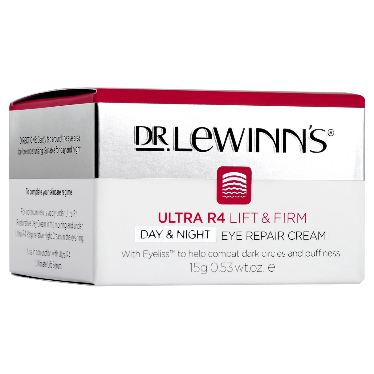 Dr. LeWinn's Ultra R4 Eye Repair Cream in a 15g jar, brightens eyes and reduces puffiness and dark circles with a unique 4R action.