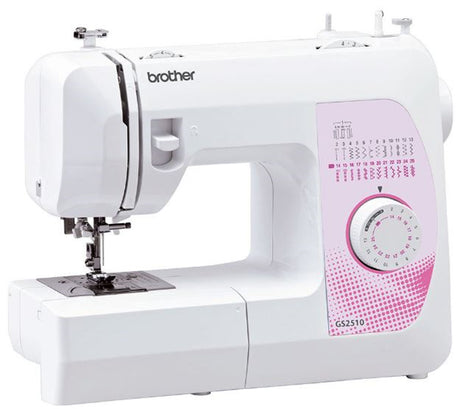 Brother GS2510 sewing machine with 25 built-in stitches, top-loading bobbin, and free arm for versatile sewing projects.