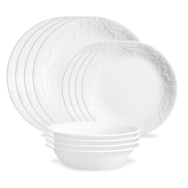 Elegant Corelle Bella Faenza 12pc dinnerware set featuring textured Italian vine design, durable and stylish for everyday use.