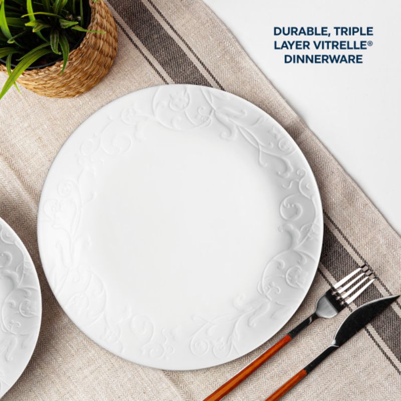 Corelle Bella Faenza 12pc Set featuring elegant Italian vine-inspired textures and durable Vitrelle glass for stylish dining.