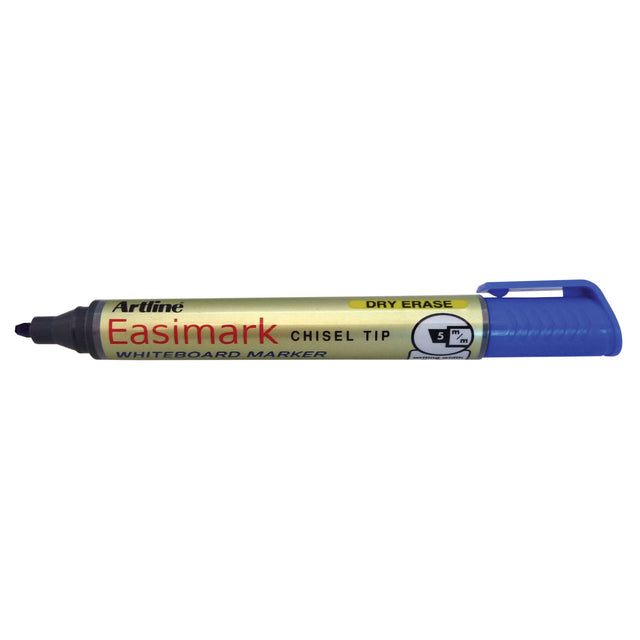 Pack of 12 Artline 159 Easimark blue whiteboard markers with 5mm chisel nib for bold, visible writing on any whiteboard.